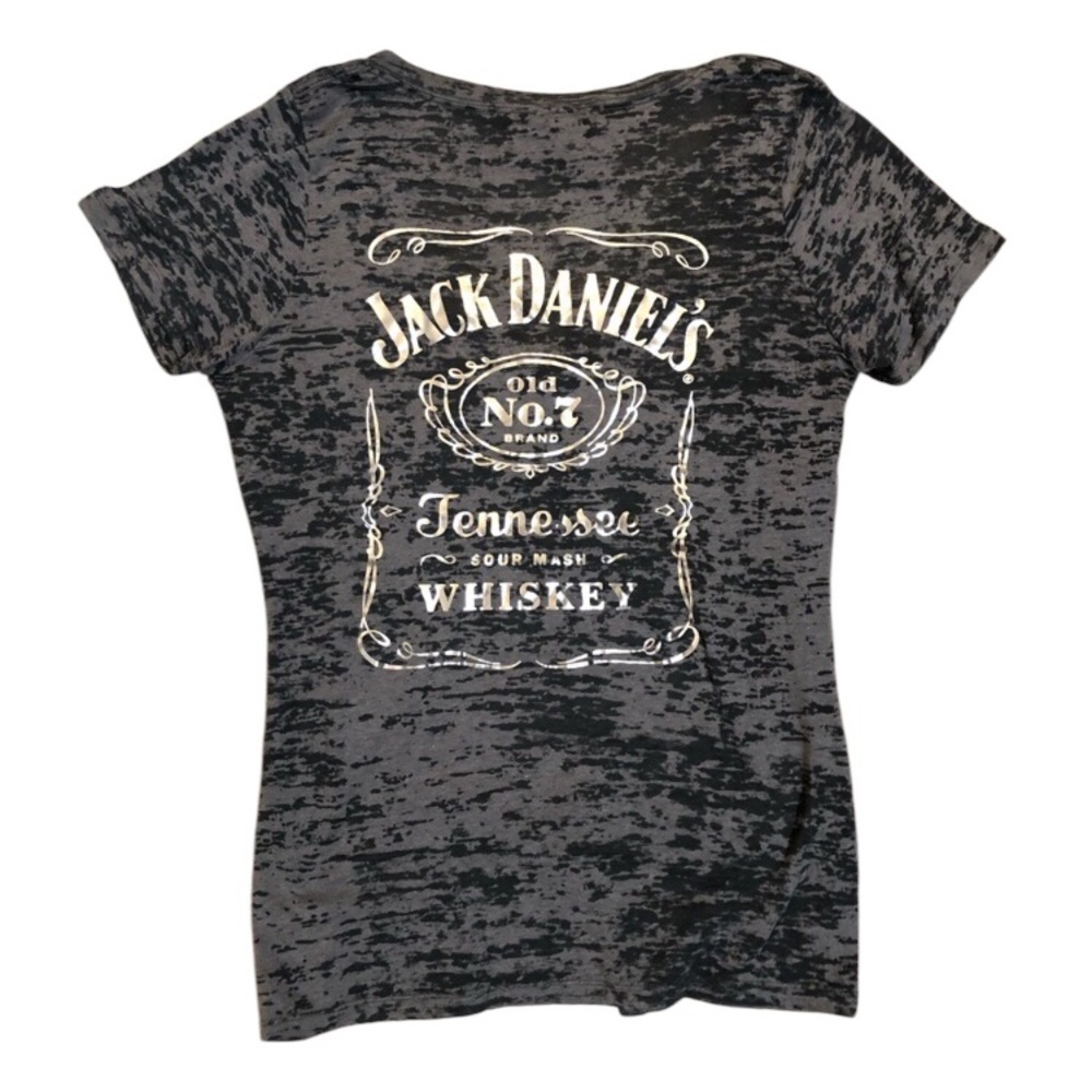 Jack Daniels Whiskey Women’s V Neck Sleeve T-shirt Grey & Black Sz XL